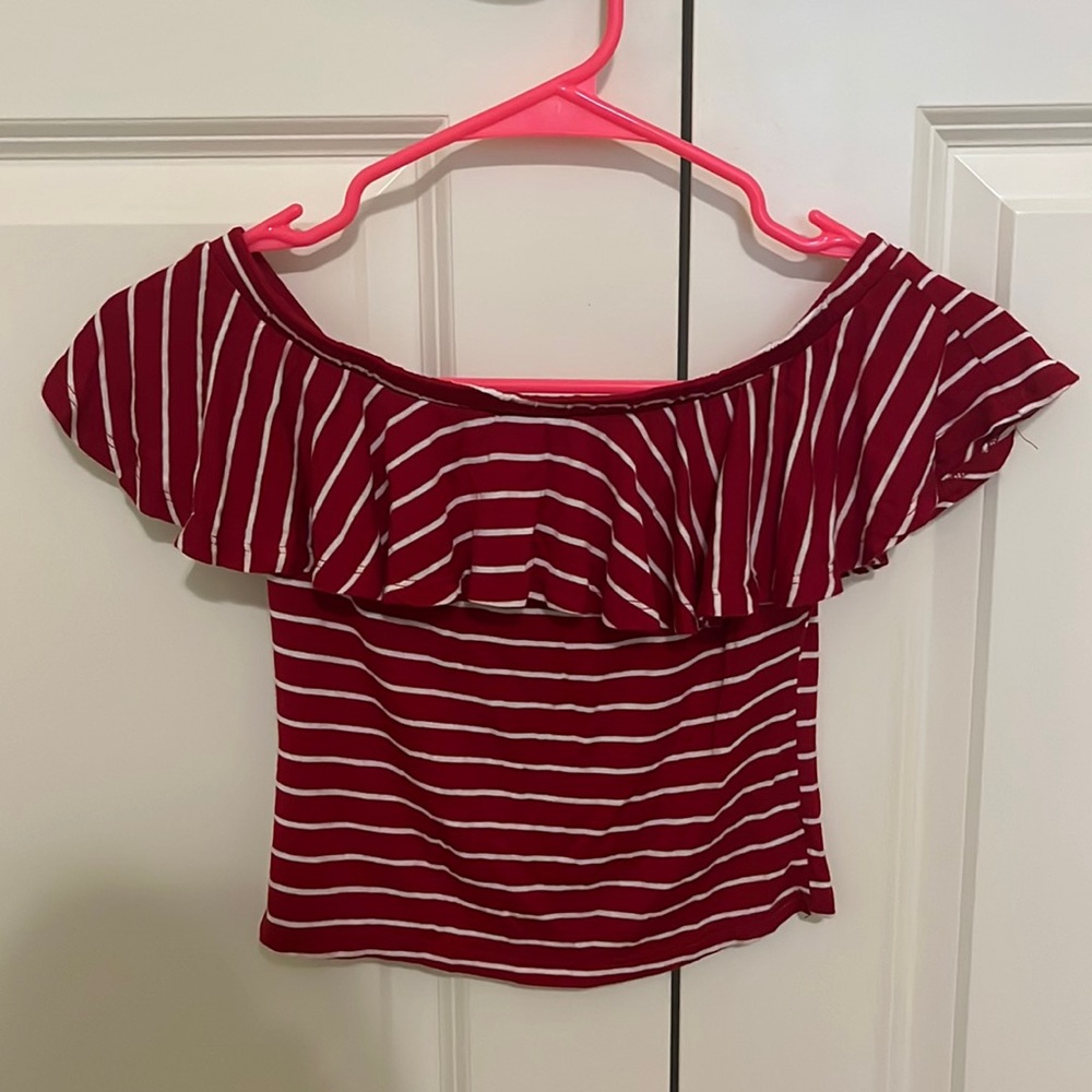 red striped, off the shoulder crop top